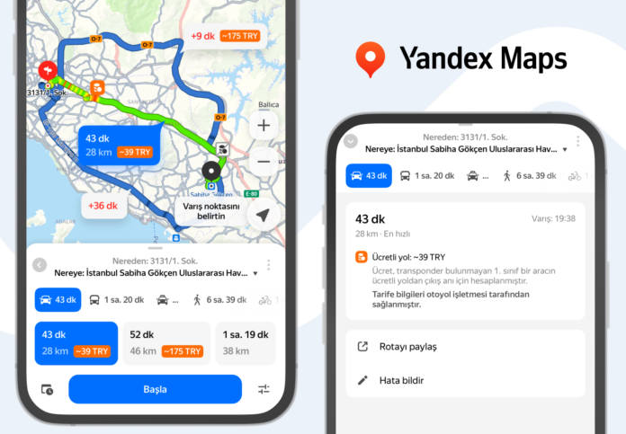 Yandex Maps ücretli yolların maliyetini gösteriyor!