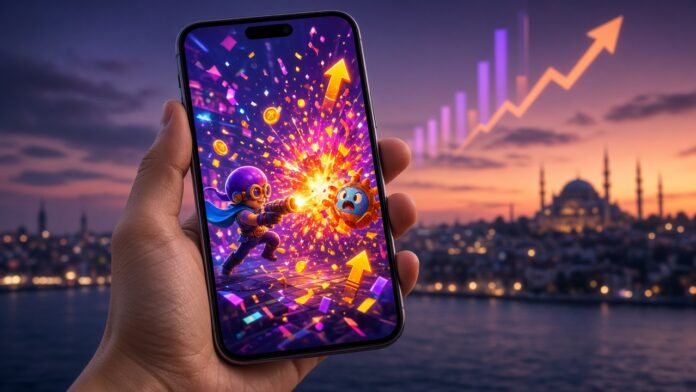 Akıllı telefonda oynanan renkli bir mobil oyun ve arka planda İstanbul silueti