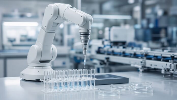 Laboratuvar tezgahında çalışan robot kol ve arka planda montaj hattı, soğuk tonlu endüstriyel ışık