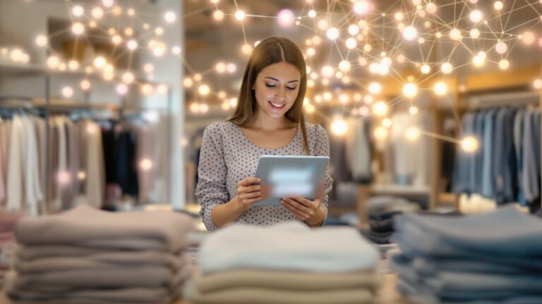 Modern bir mağazada tablet ekranındaki sohbet arayüzüyle kıyafet seçen alışverişçi ve arka planda parlayan veri ağı