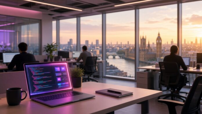Londra manzaralı modern bir ofiste kod ekranı açık dizüstü bilgisayar