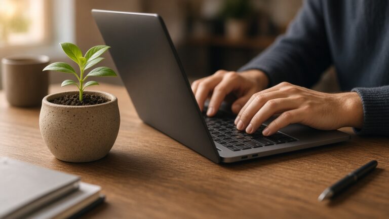 Masada filizlenen fide ile laptop başında çalışan genç girişimci, sıcak ışıklı ofis